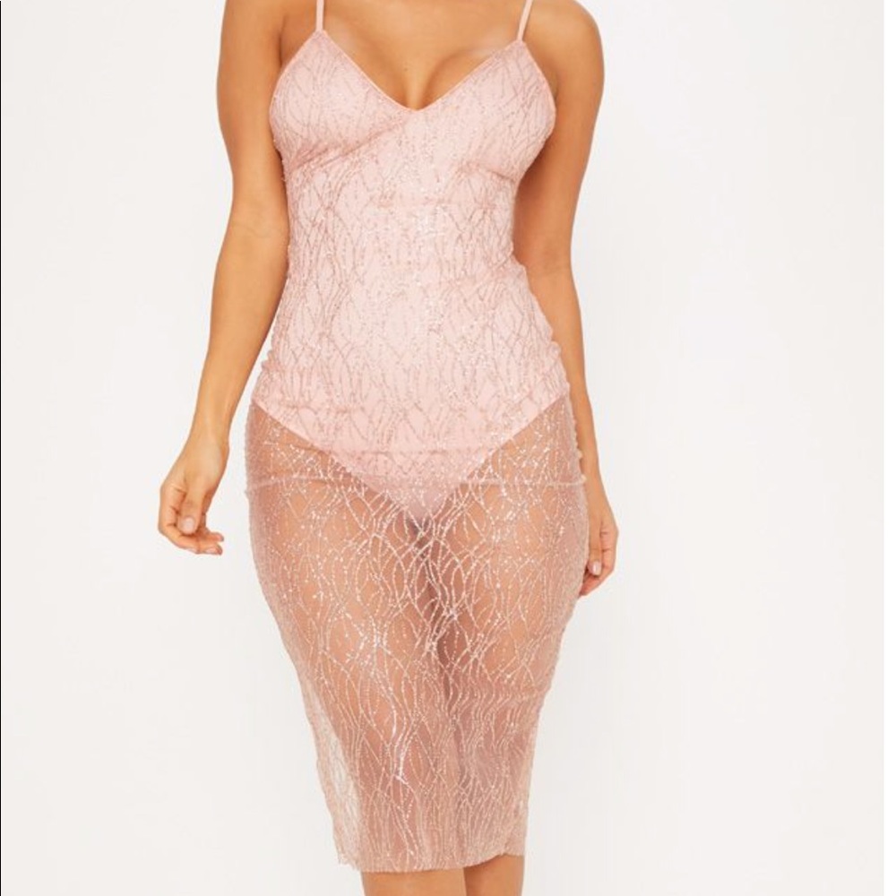 Dusty rose Strappy Plunge Glitter Mesh Midi Dress
